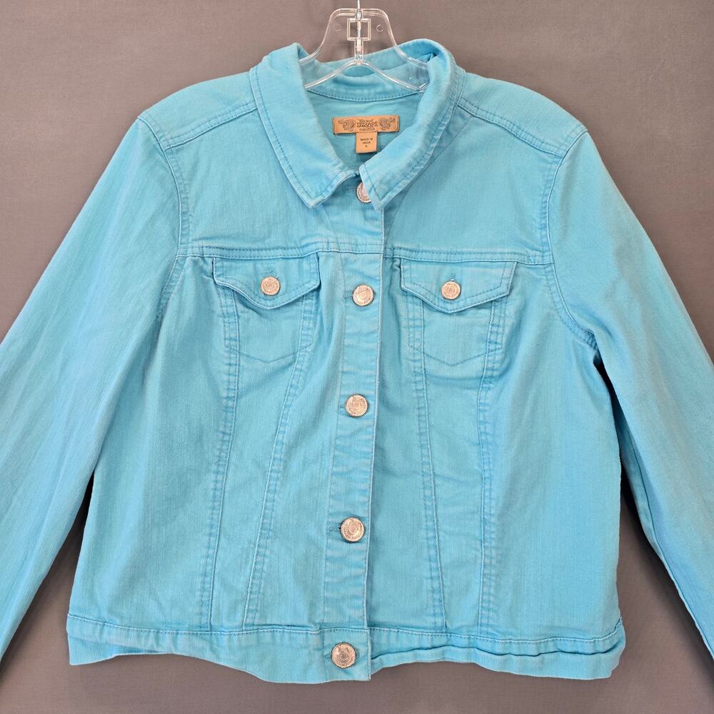 Nine West Blue Jacket Trucker Stretch Classic Button Up Long Sleeve Women Size L